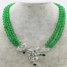 Charming 2rows green jade 8mm zircon flower necklace 17-18inch