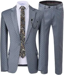 Men's Suits Blazers 2 Pieces Wedding Suit Dots Printed Slim Fit Notch Lapel Tuxedos Grey Blazer Pants 221202