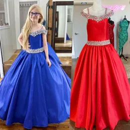 Little Miss Pageant Dress for Teens Junior Toddler 2023 Bow Beading AB Stones Crystals Long Girl Pageant Barty Party Runway Red Redzee Red Royal