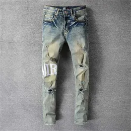 Am 남자 청바지 디자이너 펑크 찢어진 바지 Pantalon Homme for Men Retro Old Street 패션 편지 오토바이