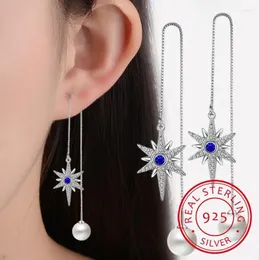 Dingle örhängen 925 Sterling Silver Micro Zirconia Hexagram Star Long Tassel For Women Simulated Pearl Drop S-E289