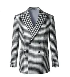 Houndstooth Groom Tuxedosダブルブレストラペルメンウェディングタキシードファッションメンジャケットブレザーメンズプロムディナー/ダーティスーツジャケットパンツタイカスタムメイド1599