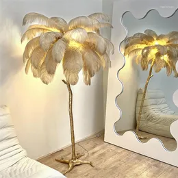 Floor Lamps Nodic Retro E27 Ostrich Feather Standing Lamp For Resin Brass Gold Nordic Living Room Villa Tripot Home Decor