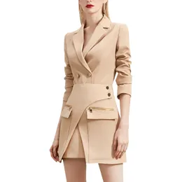 Zweiteiliges Kleid, lässig, Khaki, zweiteiliges Set für Damen, gekerbt, Langarm, Windsor Queen-Blazer, hohe Taille, unregelmäßiger Minirock, Damenanzug, 2022, Stil BS159