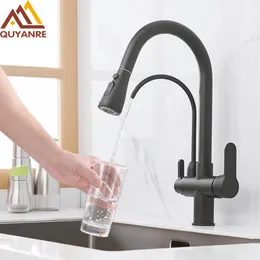 Kitchen Faucets Quyanre Matte Black Filtered Crane For Pull Out Spray 360 Rotation Water Filter Tap Three Ways Sink Mixer Faucet 221203