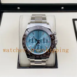 Мужские часы 40 мм ледяной синий циферблат Керамический панель хронограф Автоматический механический ETA 7750 Движение устричных стальных высококачественных спортивных мужчин.