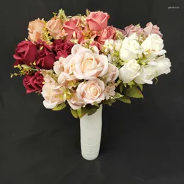 Dekorative Blumen, 11 Köpfe, künstliche polnische Rosenblumensträuße, Simulation Seide, gefälschte Familie, Hochzeit, Party, Tischdekoration, grüne Pflanze