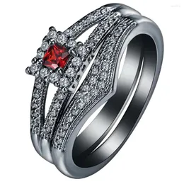 Wedding Rings Hainon 2Pcs/Set 2022 Luxury Red Black Stone Crystal For Women Sliver/Black Gold Color Engagement Jewelry