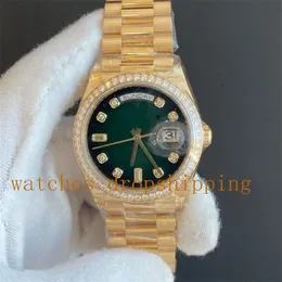 Super Mens Womens assista a 36mm de mostrador verde 18k Borte de diamante dourado Daydate Montre de Luxe Asia Movimento Automático Mecânico Luxo Designer Wristwatch