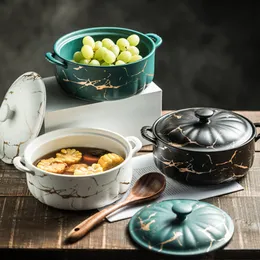 Soup Stock Pots Nordic Simplicity Ceramic Soup Plate With Lid High Quality Vintage Marble Double Ear Soup Bowl Kitchen Tableware Tureens 221203