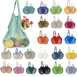 US Warehouse Mesh Bags Washable Reusable Cotton Grocery Net String Shopping Bag Eco Market Tote for Fruit Vegetable Portable short and long handles Wholesale CC