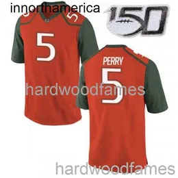 스티치 2020 N'Kosi Perry Jersey #5 Miami Hurricanes Orange NCAA 150th 남성 여성 청소년 XS-5XL 6XL