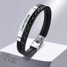 Multi Layer Leather Bracelets for Men Women Customizable Engraving Stainless Steel Casual Personalized Bangle 21cm