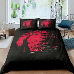 寝具セット日本のサムライの寝具セットkingqueenfull sizeジャパンサンセットシーナリービルディングシルエットポリエステル羽毛布団カバーマンブラックレッド221208