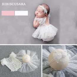 帽子帽子生まれた赤ちゃんの植物服妖精のレースドレス真珠装飾ロンパースカートヘッドバンド3pc