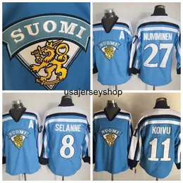 الهوكي Jersey Mens Vintage 11 Saku Koivu 1998 Team Finland S Suomi 27 Teppo Numminen 8 Teemu Selanne Blue M-xxxl