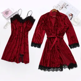 home clothing Fashion Velvet Lace Pajama Set Women Sleepwear Pyjamas TwoPiece Robe Gown Nightwear Nightdress Home Wear Kimono 221202