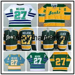 Retro Vollgenähtes Herren-Hockeytrikot der 1970er Jahre CALIFORNIA GOLDEN SEALS Blau Grün Gelb Weiß Gilles Meloche 27 Reggie Leach 7est Hockey-Trikot