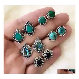 Stud 10 Pcs/Set Women Fashion Vintage Flowers Geometric Round Gem Stud Earrings Set Personality Party Wedding Bohemian Jewelry Drop D Dhvfu