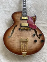 E-Gitarre dünner Hohlkörper Jazz F-Löcher Quilt Flame Top Tigerfalme Rückseite 5 Stück Hälse Goldteile rotes Schildkröten-Schlagbrett