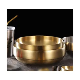 Bowls Bowls Kitchen Gold Stainless Steel Bowl Thick Double Layer Heat Prevention For Kids Ramen Ice Cream Soup Noodle 1268 D3 Drop D Dhwb4