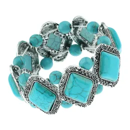 Pulseira el￡stica de pedra natural vintage para mulheres geom￩tricas de rombus azul com mi￧angas artesanais j￳ias tibetanas prateadas pulseiras esticadas