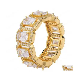 Cluster-Ringe 18 Karat Gold Weiß Fl Zirkonia Cluster Tennis Iced Out Ringe Baguetee Bling Diamant Hip Hop Schmuck Geschenke für Männer Wo Dhbuo