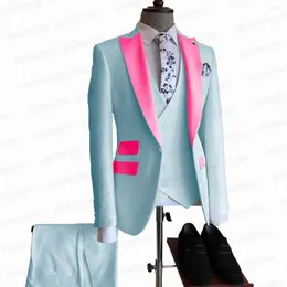 Мужские костюмы 2022, модный небесно-голубой костюм, мужской костюм из 3 предметов, облегающий крой, на заказ, куртка для свадебного выпускного жениха, двубортный жилет, брюки, платье, смокинг