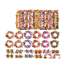 Ghirlande di fiori decorativi Fiori artificiali hawaiani Ghirlande Collane Fiori Fai da te Accessori per costumi Fascia per capelli Bracciale 4 pezzi Dhuei