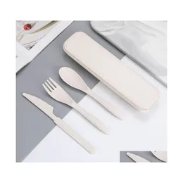 Other Dinnerware Mticolor Wheat St Portable Cutlery Knife Fork Spoon Three Piece Travel Anti Falling Activity Gift Set 1402 T2 Drop Dhuok