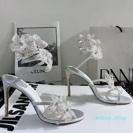 Stiletto h￤l sandaler rene caovilla kvinnors skor lyx 09 ormblommor diamanter dekorera lindade runt fotringar toppkvalitet 9,5 cm h￶g klackade sandaler