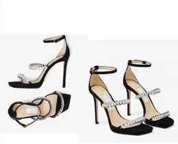 Casamento de festas Bing Sandal Crystal Strap Black Suede Sandals Pearl Embelezado Glitter Suede Mules Esandals Tirha de tornozelo Sapatos dignos elegância