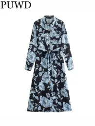 Party Dresses PUWD Women With Belt Floral Printed Shirt Dress FallWinter Ladies Long Sleeve Front Buttons Female Vestidos Mujer 221203