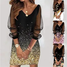 Spring Gold Dress Women's Sequin See-through Mesh Women's Dress Plus Size Clothing for Women Party Dress