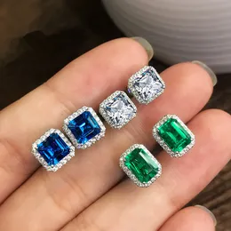 Rectangle Cubic Zircon Diamond Earrings Blue Green Stud Ear Rings for Women Fashion Fine Jewelry