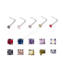 Nose Rings Studs Crystal Nose Stud Piercing Set Zircon Gem L Shape Nostril Stainless Steel Nariz Bone Ring For Women Body Jewelry Dhpqh