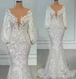 A Line Wedding Dresses Long Exer Neck Neck Full Lace Floral African Trumpet Trumpet Brudget Beach Aso Ebi Bridal Dons 2023 BC1447