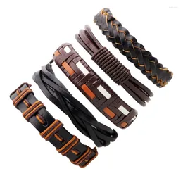 Charm Bracelets 5pcs/set Hippie Punk Black Brown Orange Braiding Leather Band Cord Wrap Multi Layers Bangles Set For Man