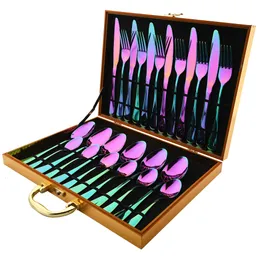 Zestawy naczyń stołowych Rainbow Stale Stael Stal nierdzewna 24pcs Nóż Fork Coffee Spoon Cutlery Western Dinner Flatware Box 221205