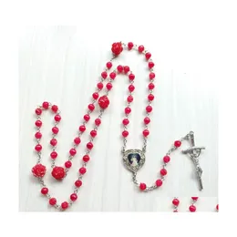 Pendant Necklaces Religious Jewelry Acrylic Red Rose Rosary Necklace For Women Wedding Gifts Drop Delivery Necklaces Pendants Dhztu