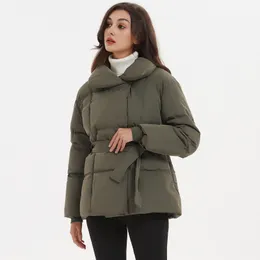 Women s Down Parkas Fandy Lokar Winter Stand Collar Fashion Tie Midjan Kortrockar Eleganta solida pufferjackor Kvinnliga damer 221205