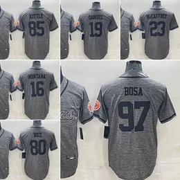 2022 Nuova maglia da baseball 97 Nick Bosa 16 Joe Montana 85 George Kittle 19 Deebo Samuel 23 Will Redmond 80 Jerry Rice Denim Lino Maglie cucite grigie