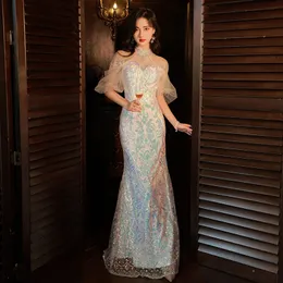 Sequined Satin Mermaid Формальные вечерние платья для женщин Crystal Beaded Plus Plus Prom Part Party Party Robe de Bargin