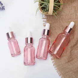 Cherry Pink Glass Essential Perfume Bottle Amostra de reagente líquido Gots giratários de pipeta com tampa de ouro rosa 10-50ml