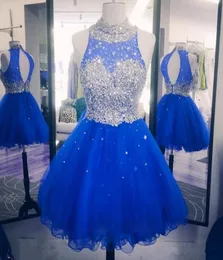 2017 Sparkly Crystal Royal Blue HomeComing Dresses for Sweet 16 Crew Neck Hollow Backed Puffy Tulle Red卒業ドレスPA1210294