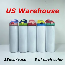 Local Warehouse 20oz STRAIGHT Sublimation Kids Cups White Blank Sippy Cups Stainless Steel Water Bottles Double Insulated Vacuum Drinking Milk Tumblers A12