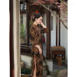 Etniska kläder Kvinnor Vintage Mandarin Collar Firework Print Cheongsam Dress Elegant Traditionell kinesisk lång qipao temperamentfest