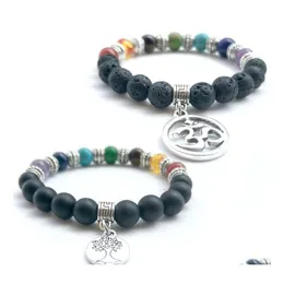 Sette Chakra con perline Bracciali con perline di roccia lavica Moda Agata nera naturale Pietra Gioielli con ciondoli Albero della vita Om Ciondolo Polsini punk B Dhays