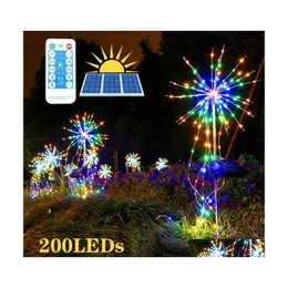 سلاسل LED 200 LED Solar Fireworks Light Strings في الهواء الطلق IP65 سلسلة فلاش مقاومة للماء 8 أوضاع التحكم عن بُعد حديقة الحديقة OTLJV