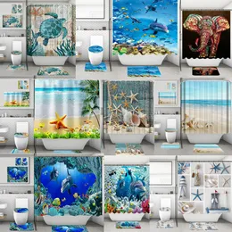 4Pcs/Set Bathroom Shower Curtain Toilet Mat Ocean Beach Starfish Shell Dolphin Octopus Printed Waterproof Washroom Bath Mats Curtains with Non-Slip Carpet Rug